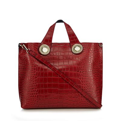 Red croc textured tote bag